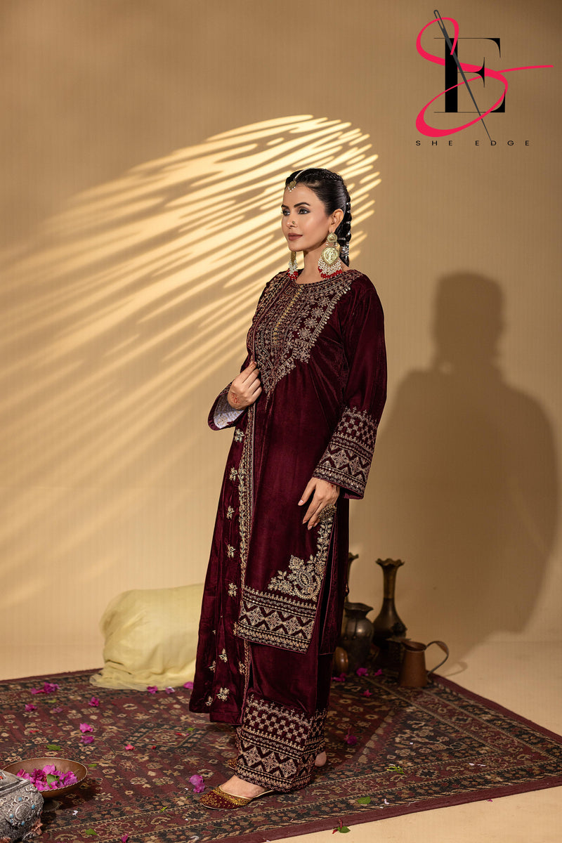 MARTE Velour Embroidery Layered Dress 3PC Festive Micro Velvet