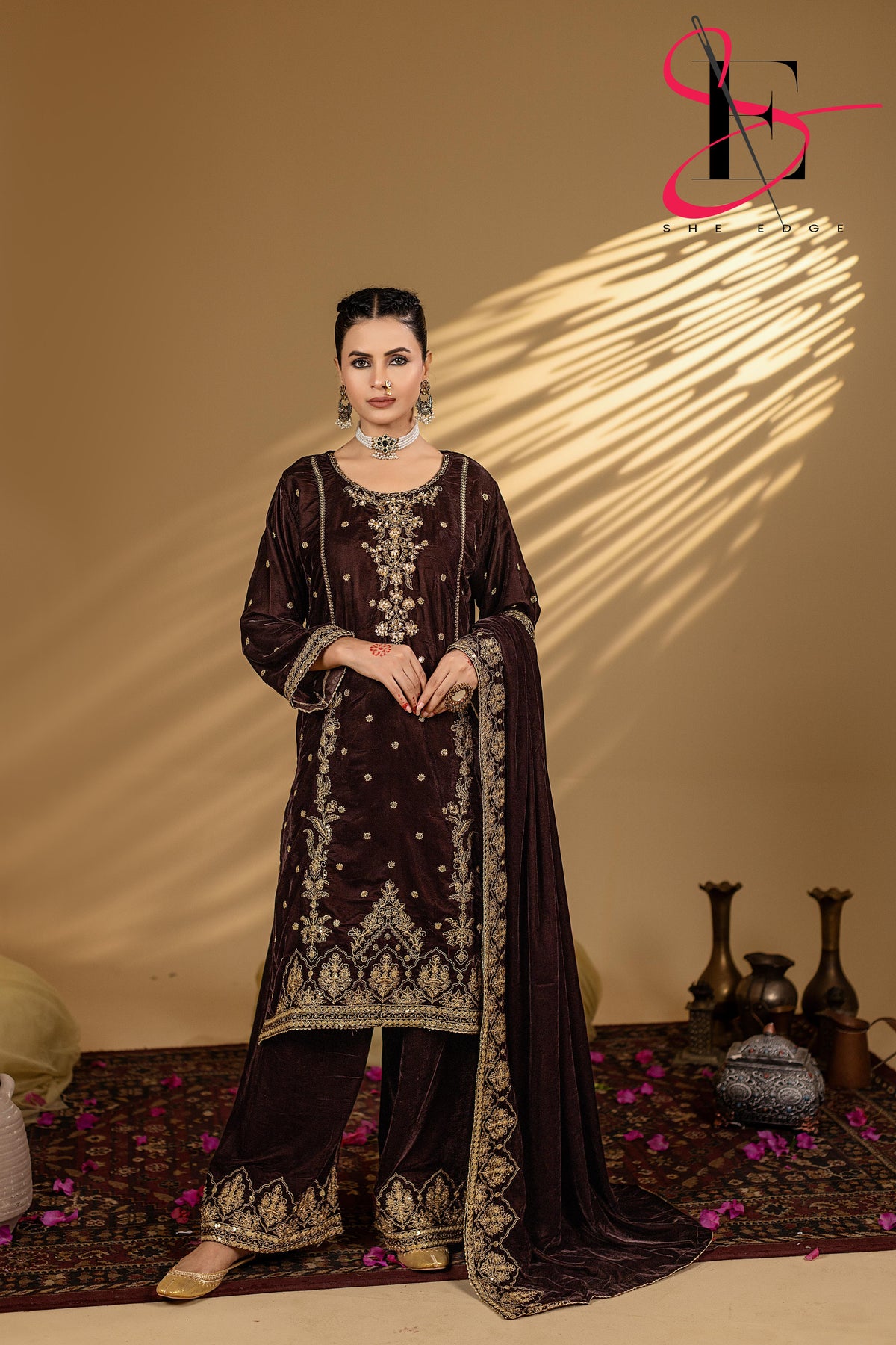 3PC Festive Micro Velvet Dress Embroidered - Winters 2025