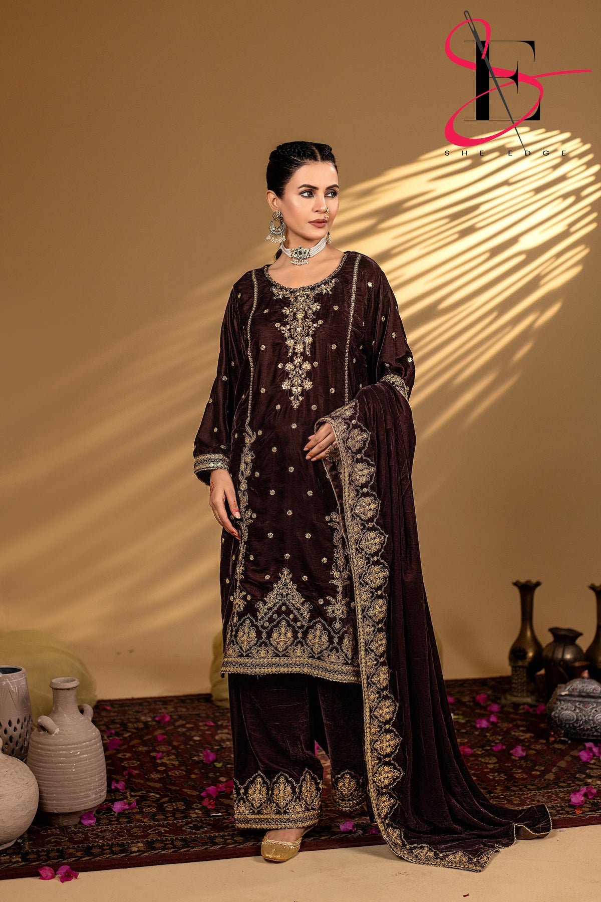 3PC Festive Micro Velvet Dress Embroidered - Winters 2025
