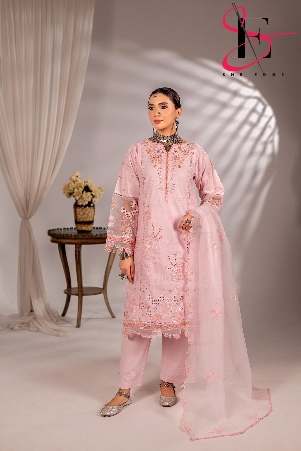 Three Piece Stitched Embroidered Suit PINK - Winters 2025