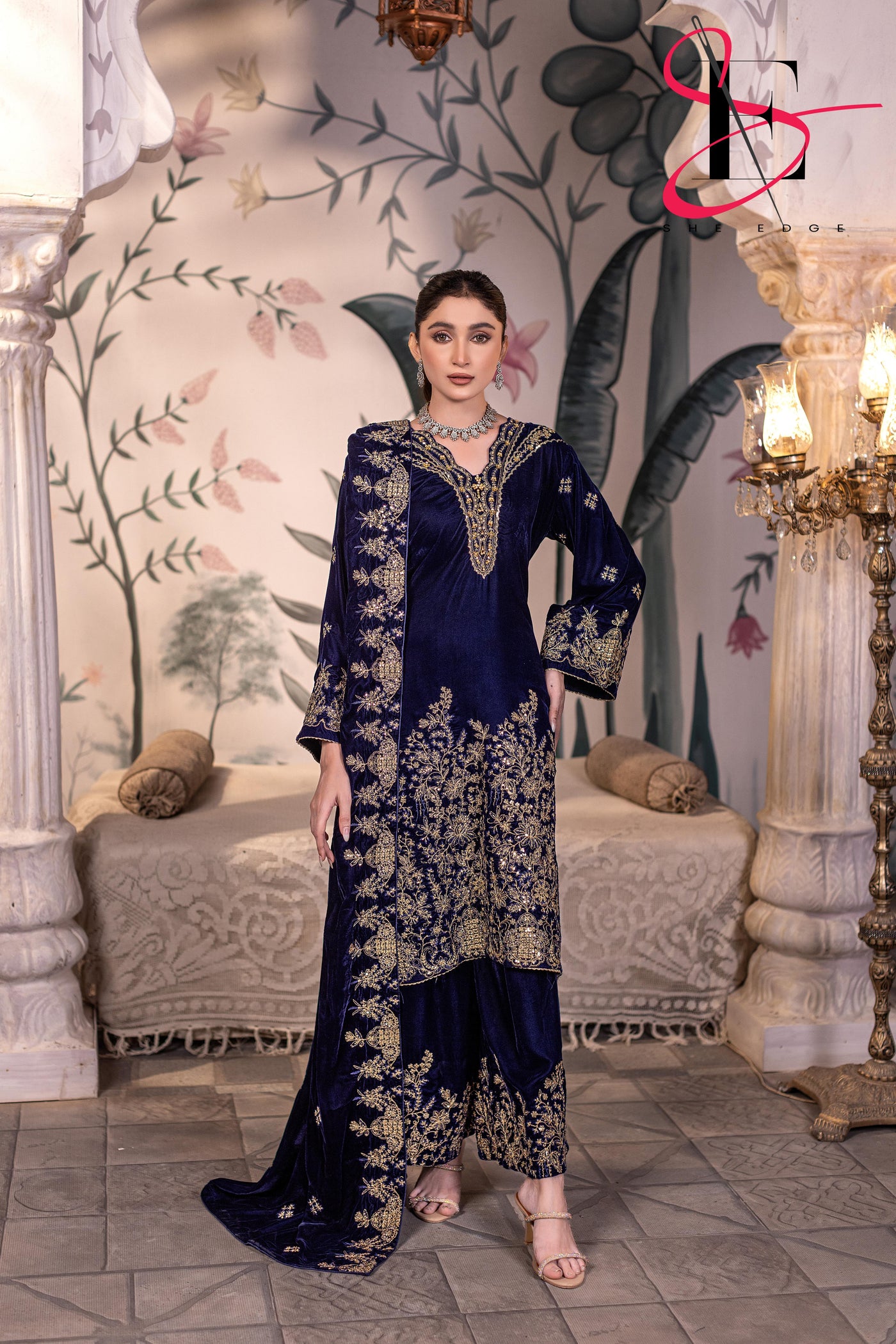 velvet dress embroidery 3PC Festive Micro Velvet Dress Embroidered
