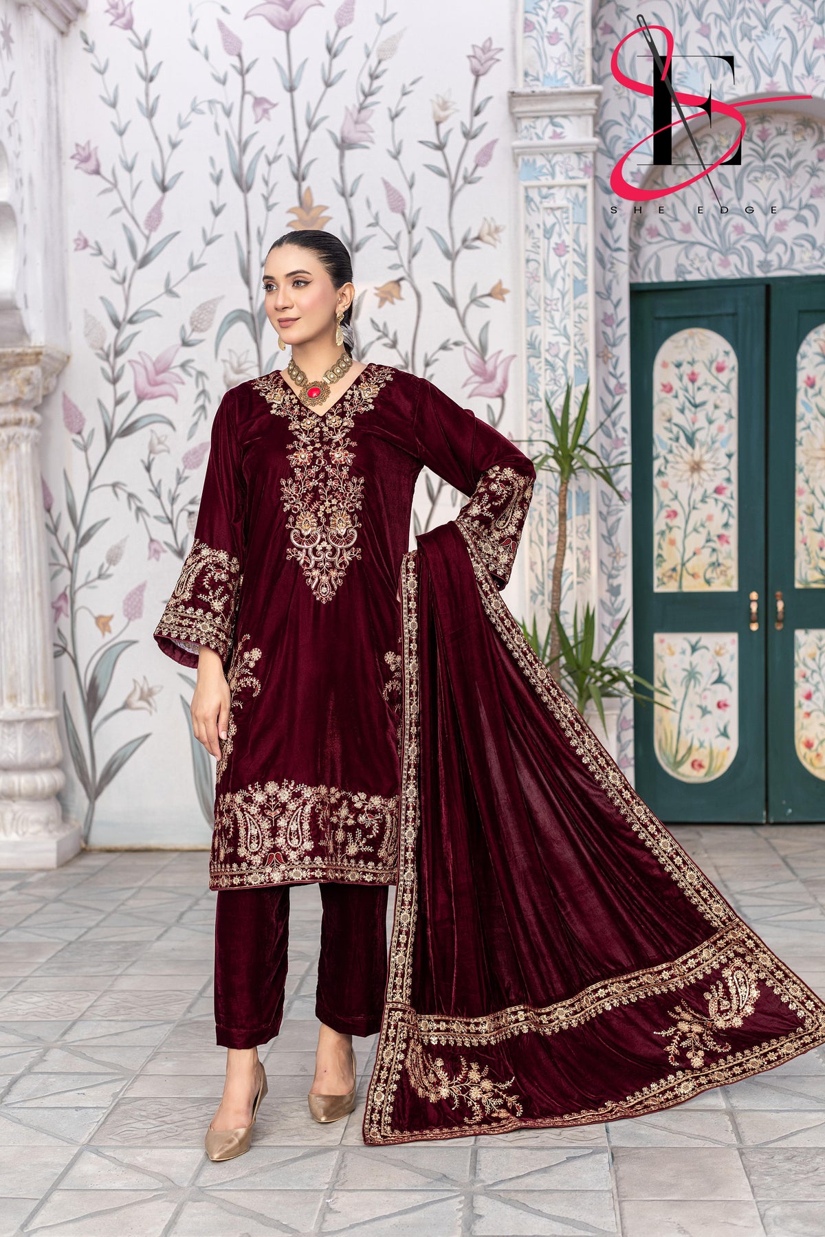 3PC Festive Micro Velvet Dress Embroidered - Winters 2025