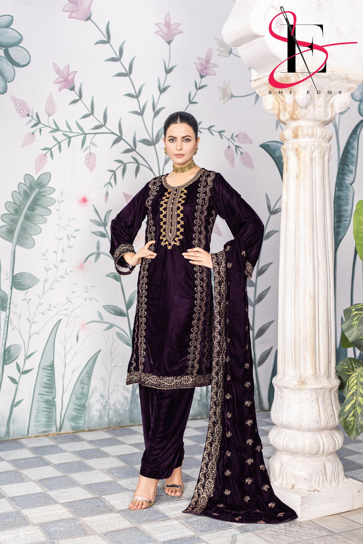 3PC Festive Micro Velvet Dress Embroidered - Winters 2025