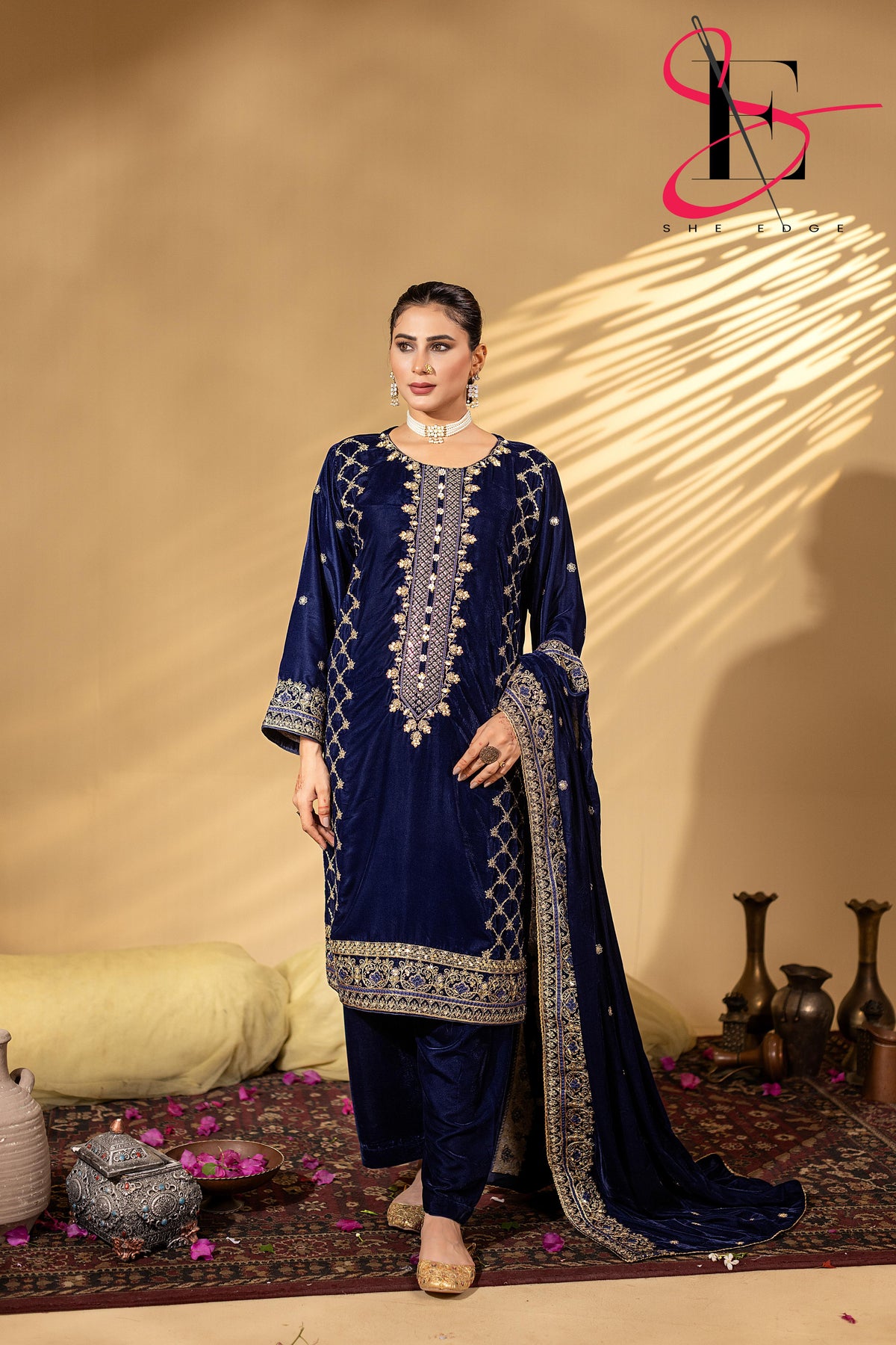 3PC Festive Micro Velvet Dress Embroidered - Winters 2025