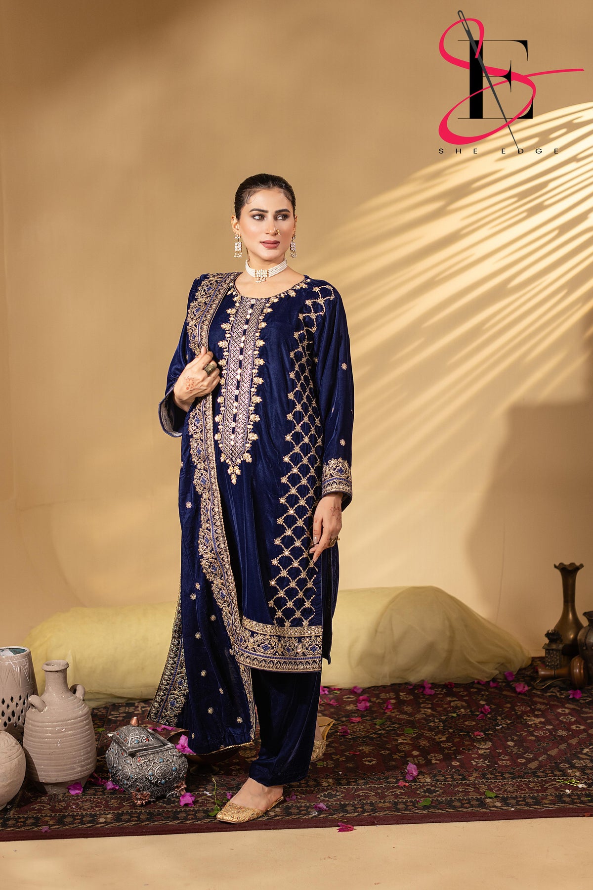 3PC Festive Micro Velvet Dress Embroidered - Winters 2025
