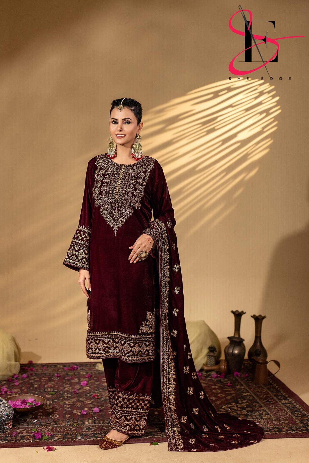 3PC Festive Micro Velvet Dress Embroidered - Winters 2025