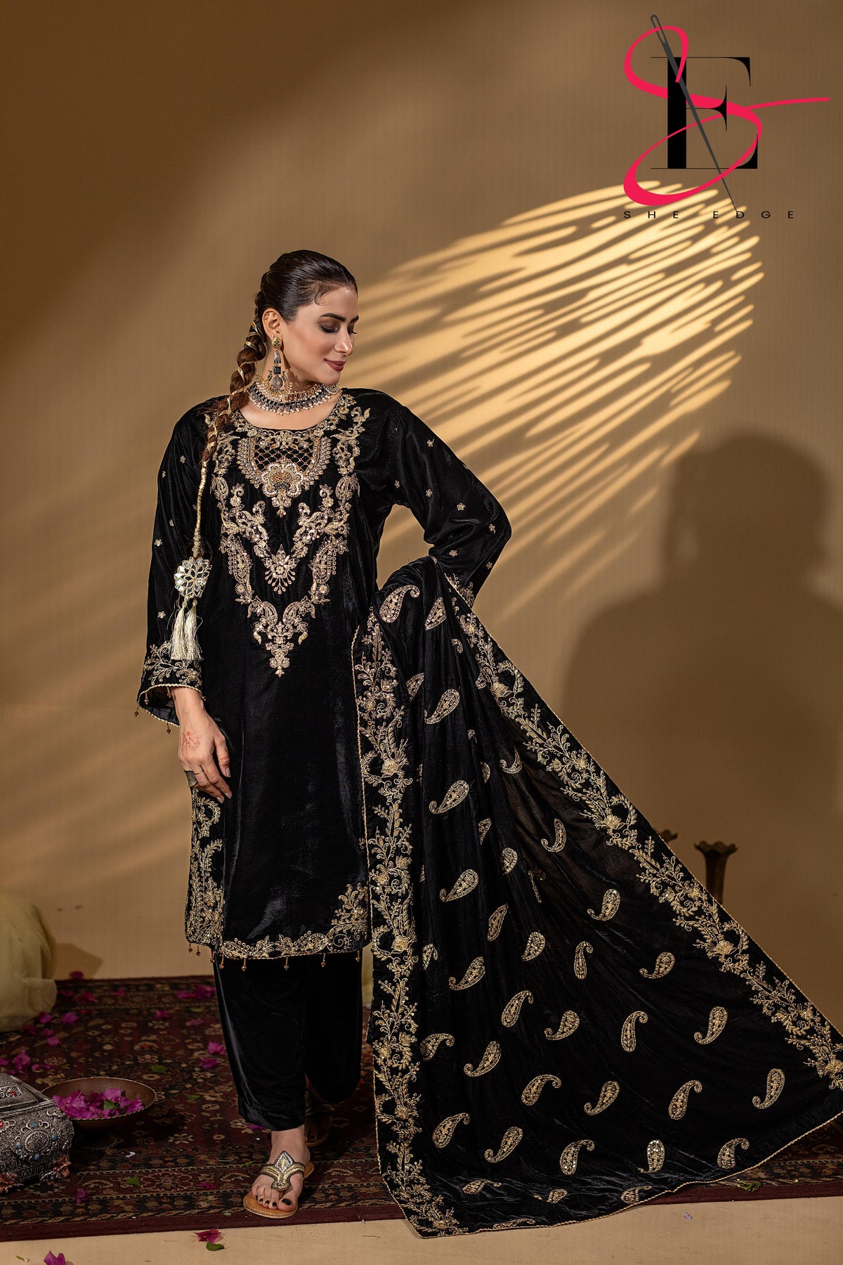 3PC Festive Micro Velvet Dress Embroidered - Winters 2025