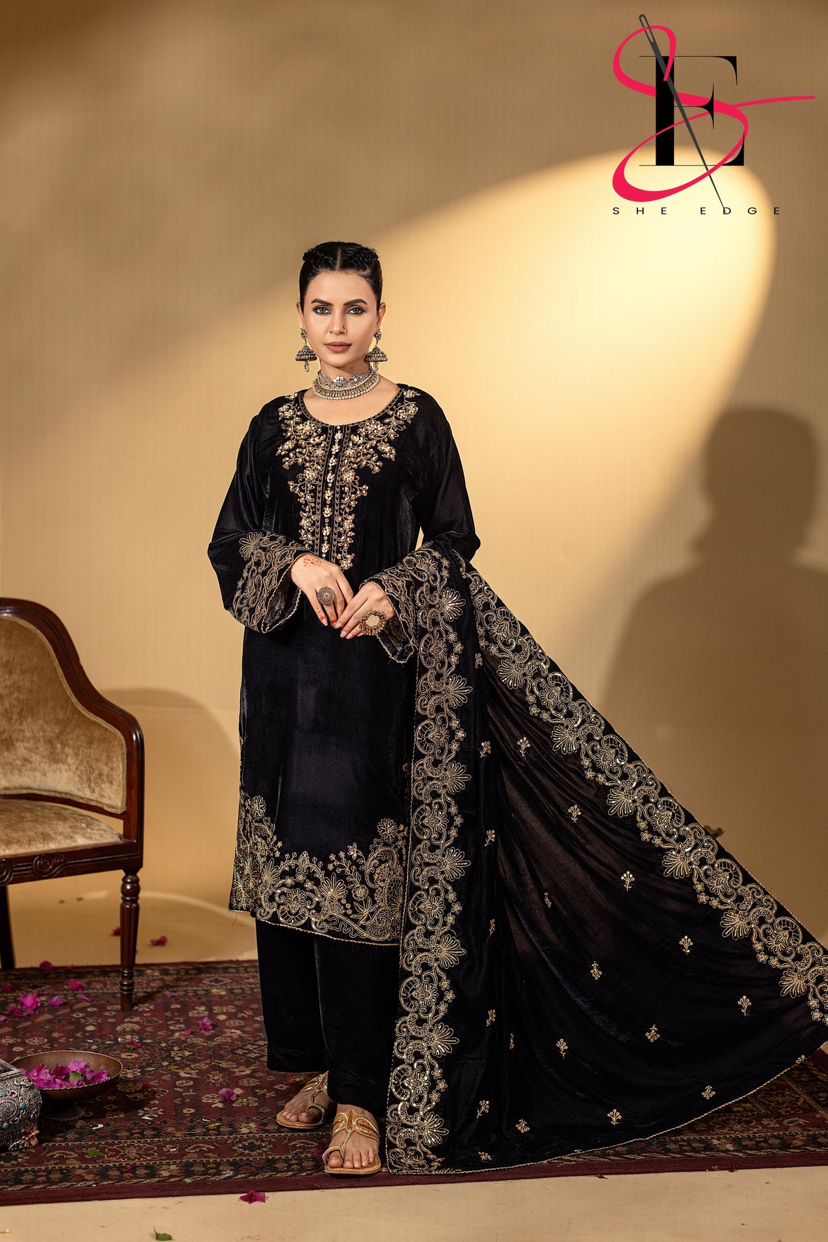 3PC Festive Micro Velvet Dress Embroidered - Winters 2025
