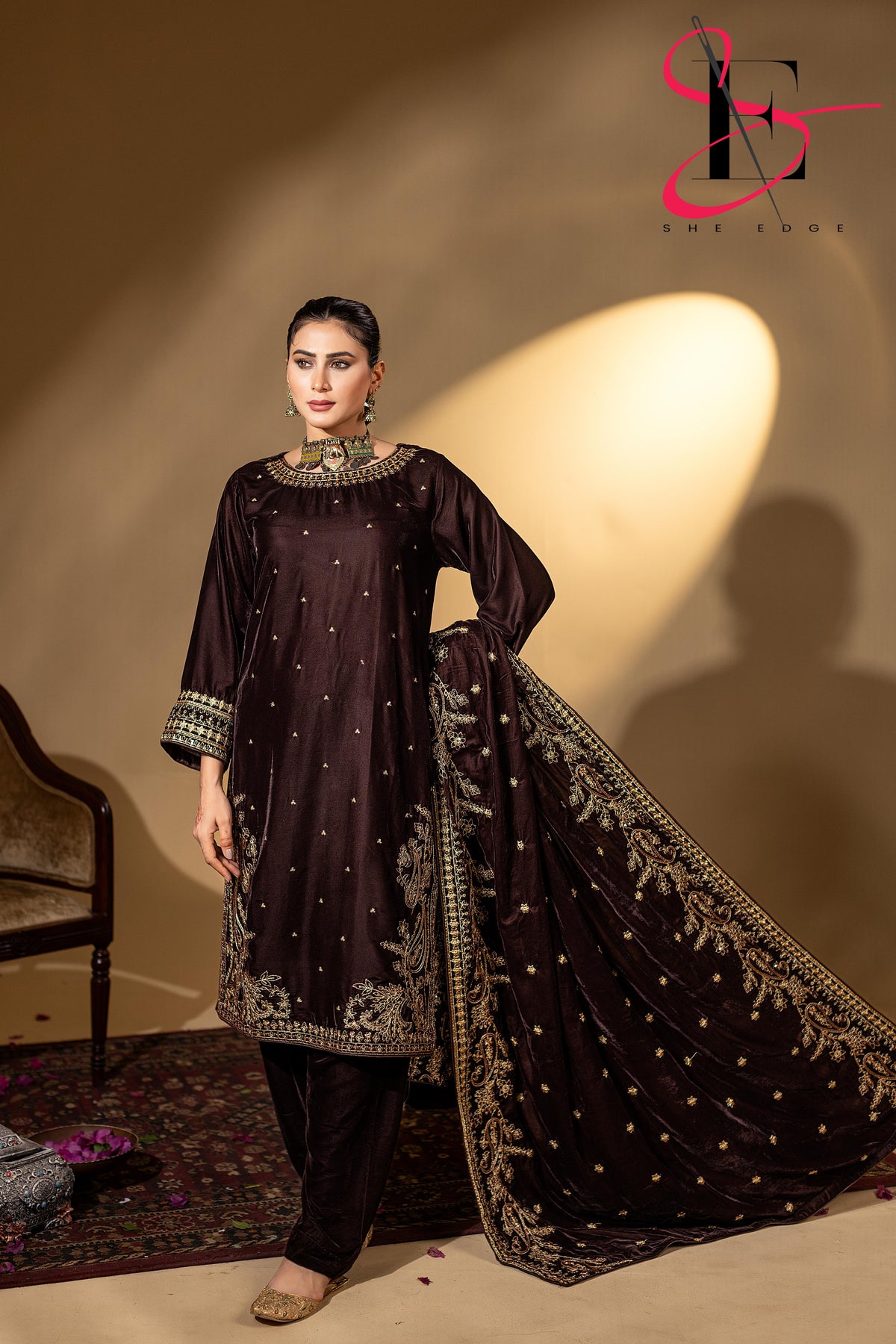 3PC Festive Micro Velvet Dress Embroidered - Winters 2025