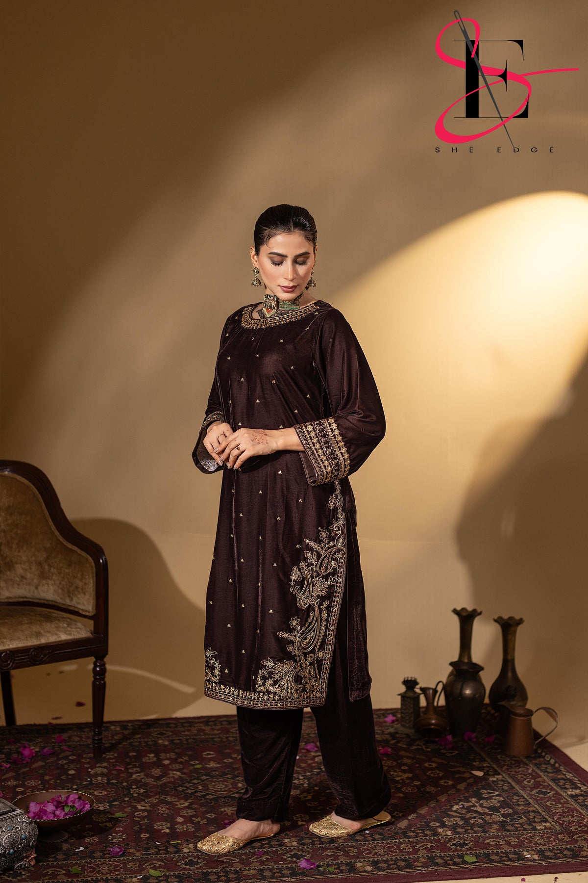 3PC Festive Micro Velvet Dress Embroidered - Winters 2025