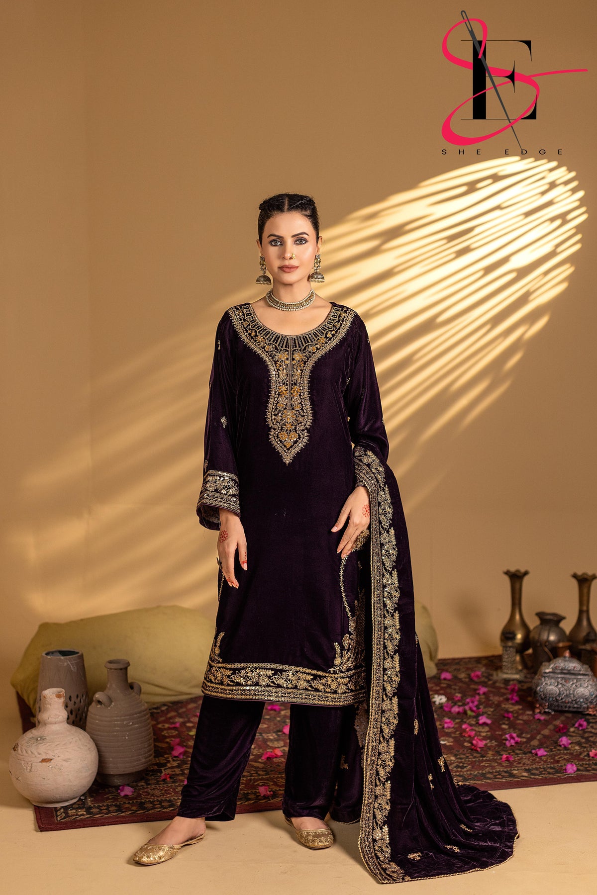 3PC Festive Micro Velvet Dress Embroidered - Winters 2025