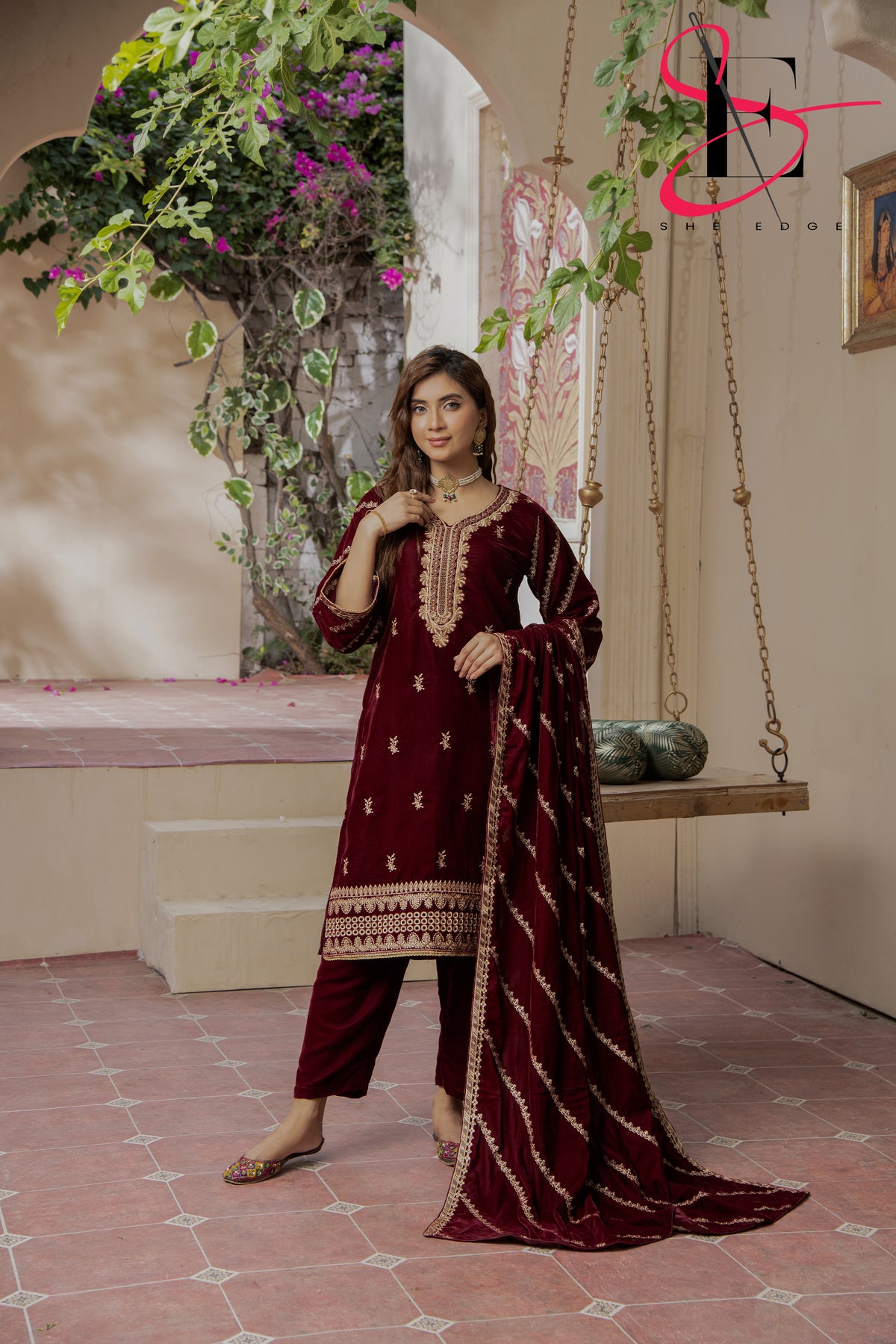 3PC Festive Velvet Dress Embroidered - Winters 2024