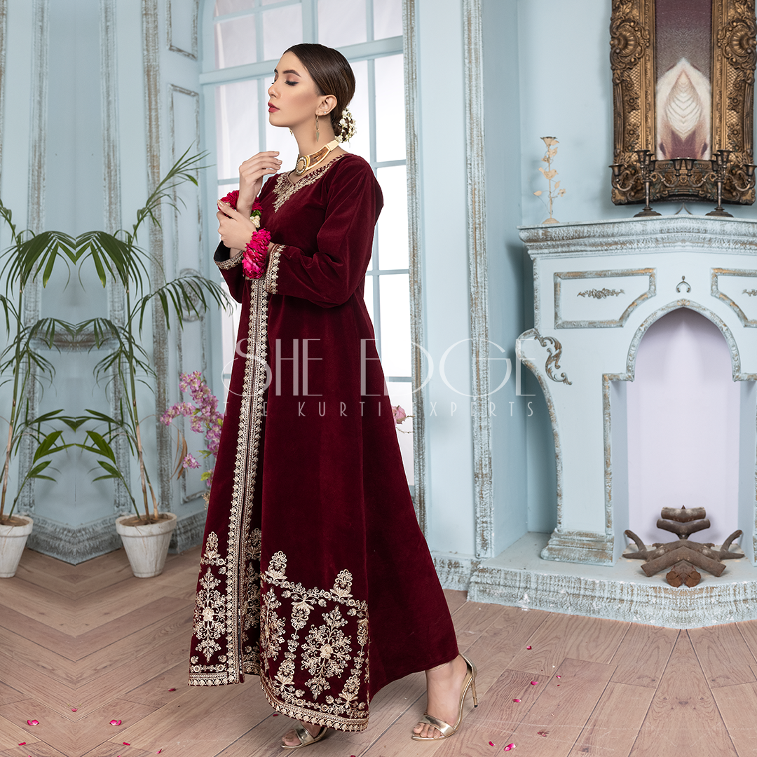 VELVET EMBROIDERED LONG MAXI FROCK WINTERS 2021 THE