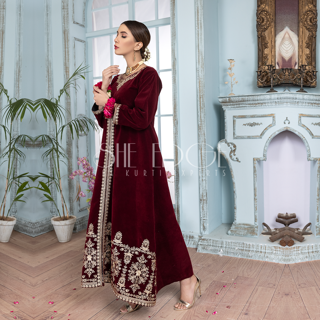 VELVET EMBROIDERED LONG MAXI FROCK WINTERS 2021 - تابِ سخن - THE KURTI EXPERTS
